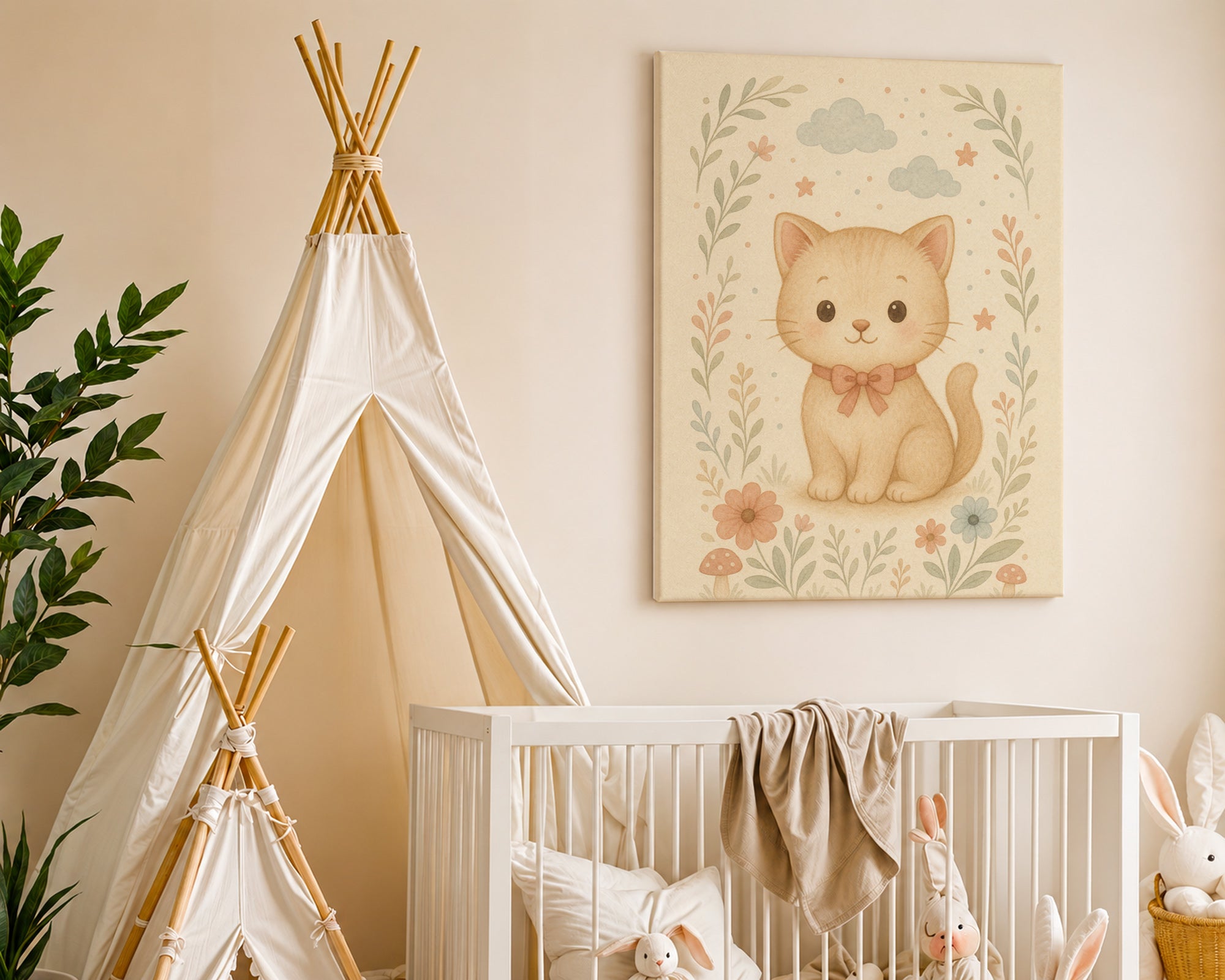 Dětský obraz Koťátko s mašlí a květinami