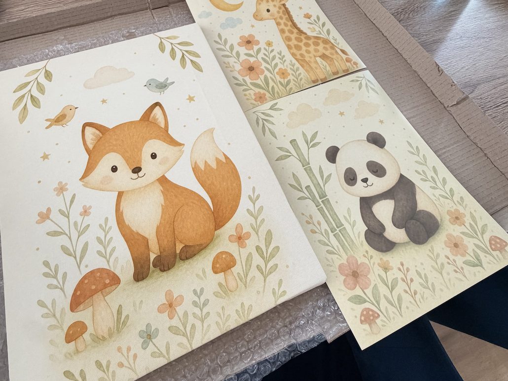 Tři dětské obrazy na plátně – lišák, žirafa a panda – v krabici po rozbalení zákazníkem